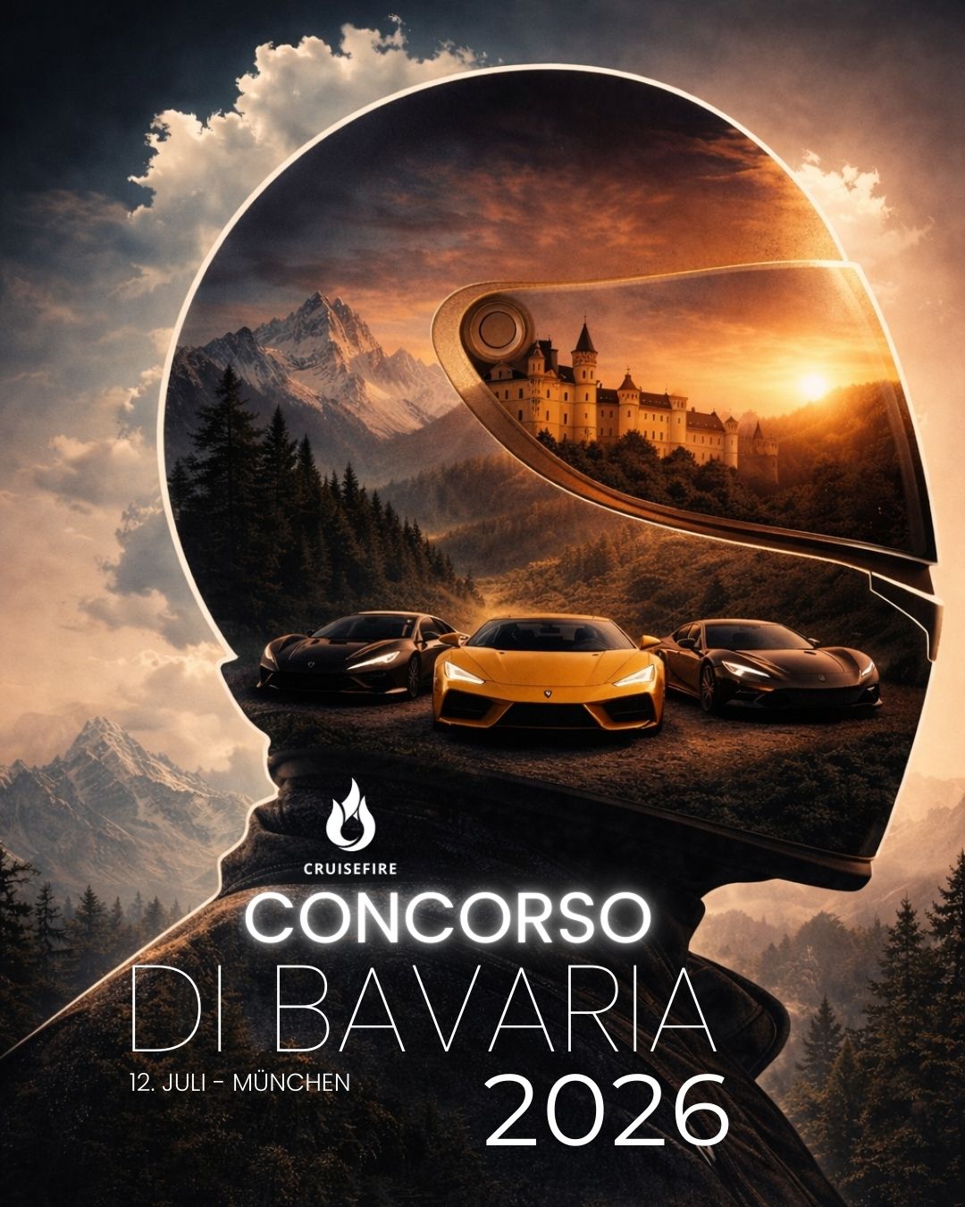 Concorso di Bavaria 2026 – exklusives Sportwagentreffen in München, Deutschland mit Ferrari, Lamborghini, McLaren und Porsche. Veranstaltet von Cruisefire.